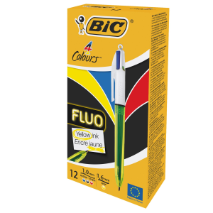 BIC 4 COLOUR FLUO PENNA A SFERA 4 COLORI DI INCHIOSTRO 3 PUNTA MEDIA + 1 PUNTA LARGA CONF. 12 Pz.